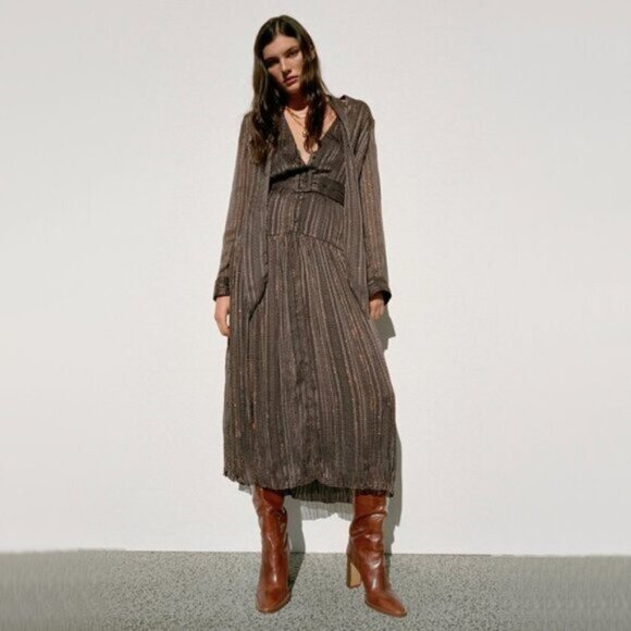 NWT Zara black brown metallic thread belted midi dress, S - Picture 1 of 8